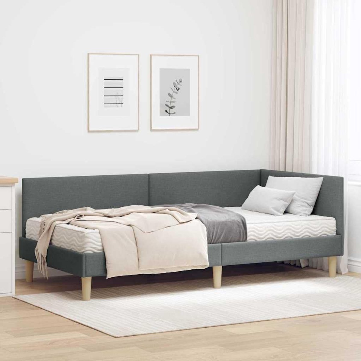 Polyester hoekbed met muurbevestigd hoofdbord 100x200 cm donkergrijs