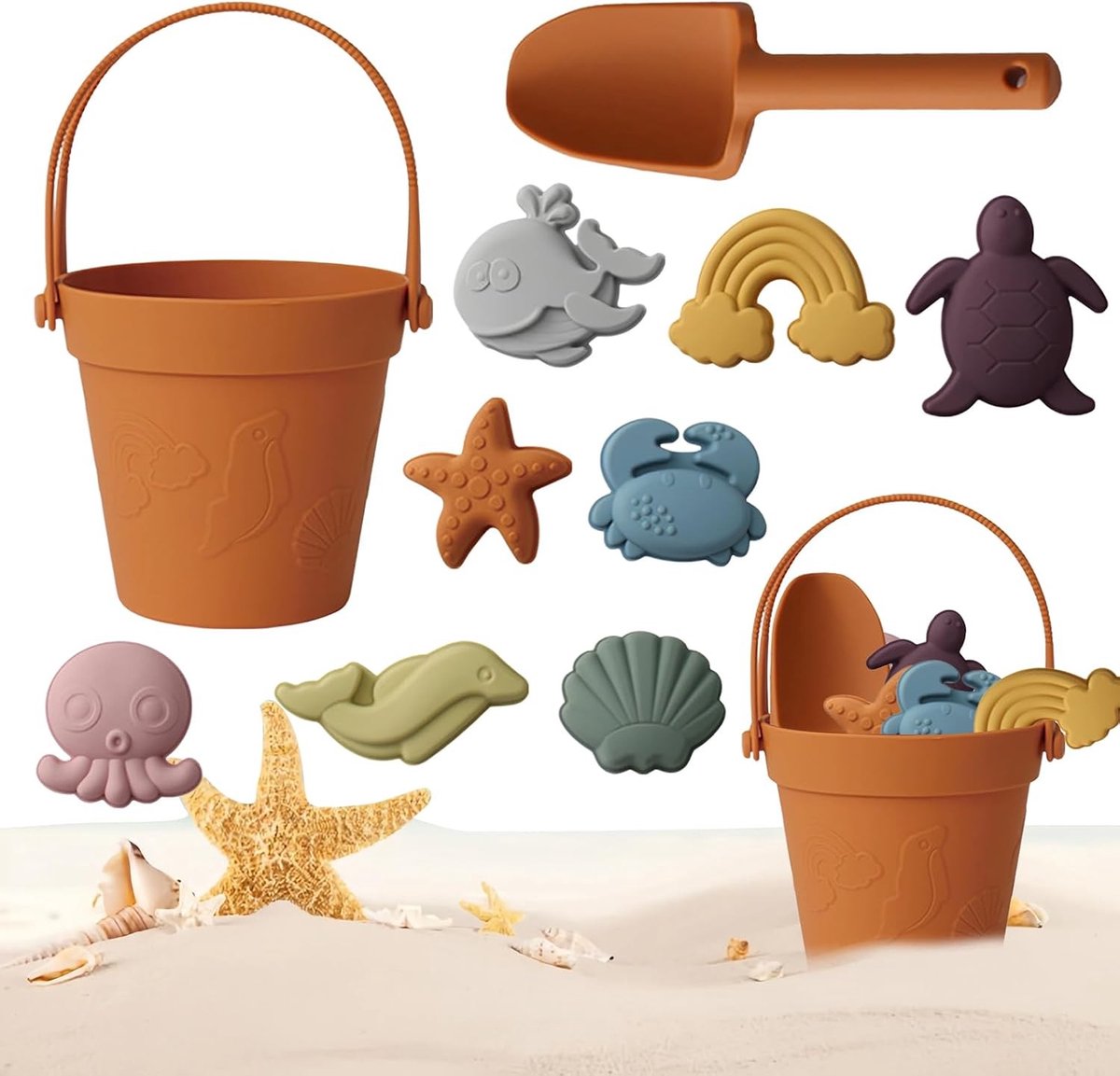 Zand Speelgoed Set voor Kinderen, 10 Delige Set met Emmer, Dierenvormen en Netzak, Perfect voor Strand en Zandbak Activiteiten