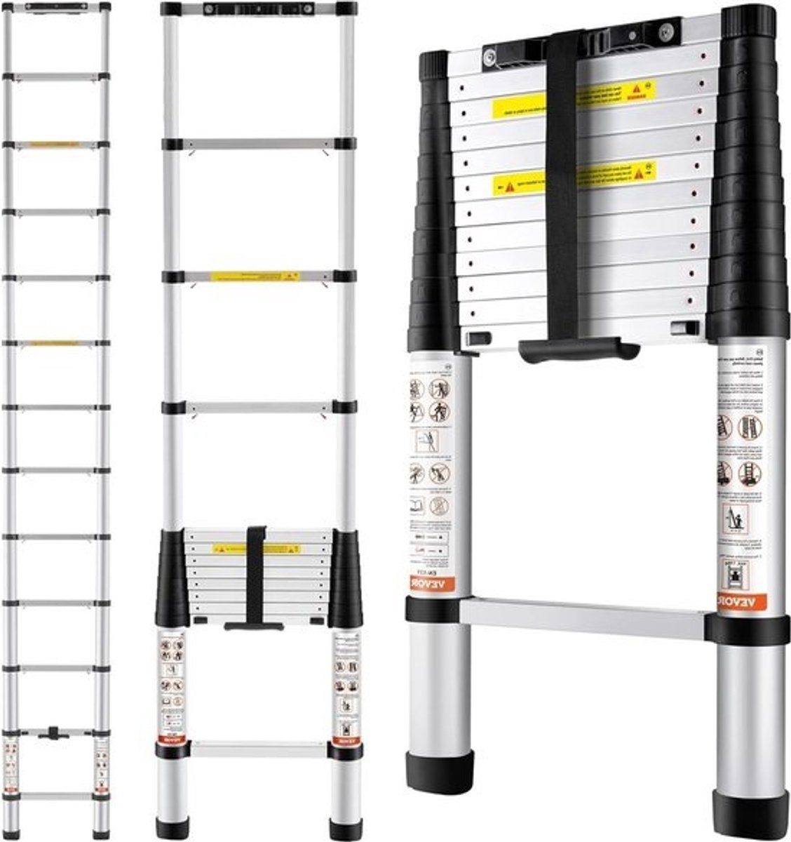 Telescopische aluminiumladder van 38 m, uittrekbaar - Draagvermogen 170 kg - Antislipvoeten - Draagbaar - Voor reparaties thuis - Camperladder