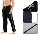 Zwarte joggingbroek met witte zijstreep, met details van het trekkoord, de marineblauwe broek en de grijze stof.