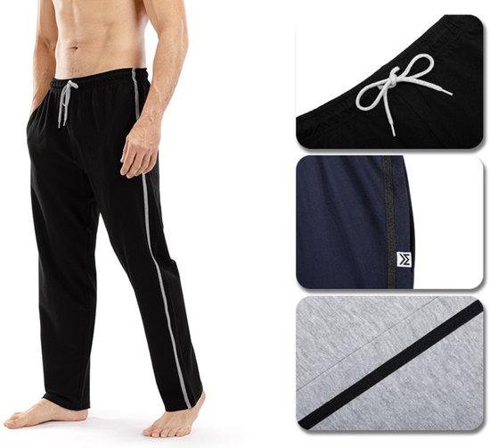 Zwarte joggingbroek met witte zijstreep, met details van het trekkoord, de marineblauwe broek en de grijze stof.