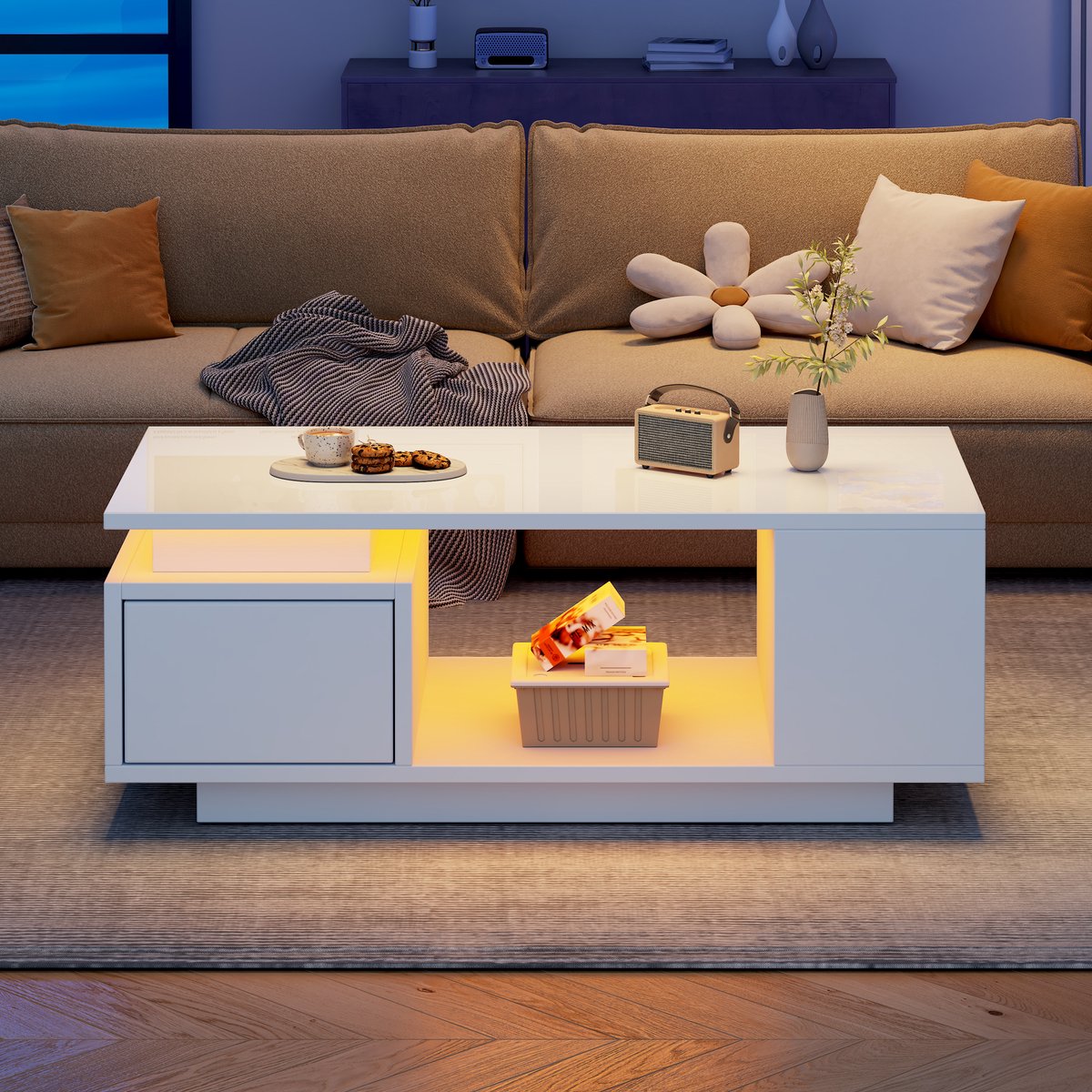 MUVANO Salontafel met led verlichting - Witte hoogglans salontafel - Woonkamer tafel - Met lade en opbergvakken - 100x50x36 cm - App bediening - Woonkamer Wit