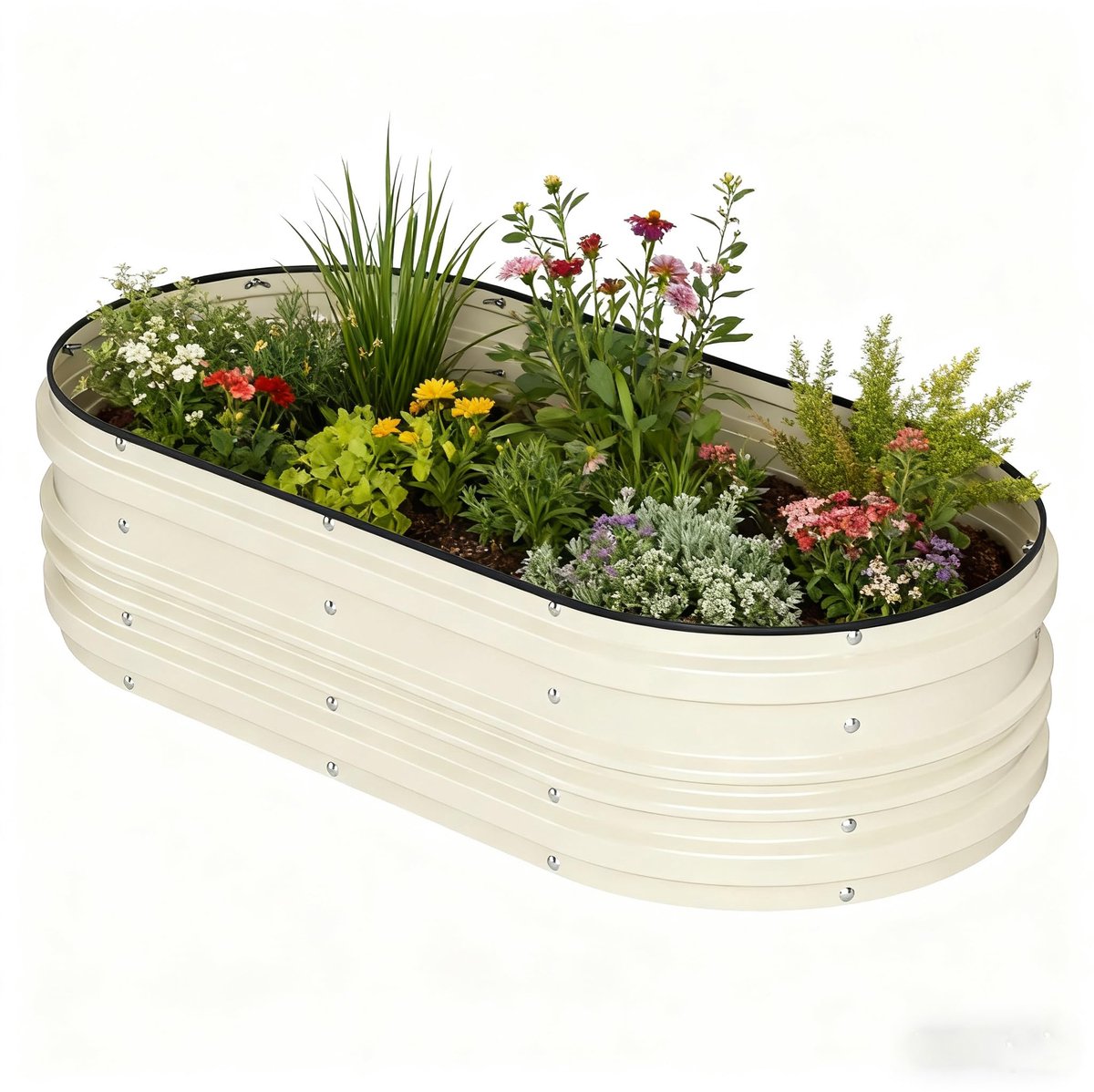 Danky - Verzinkte Metalen Verhoogde Tuinbak Ovaal - Open Bodem Plantenbak - Weerbestendig - Voor Groenten, Bloemen En Kruiden - 180x90x30cm - Wit