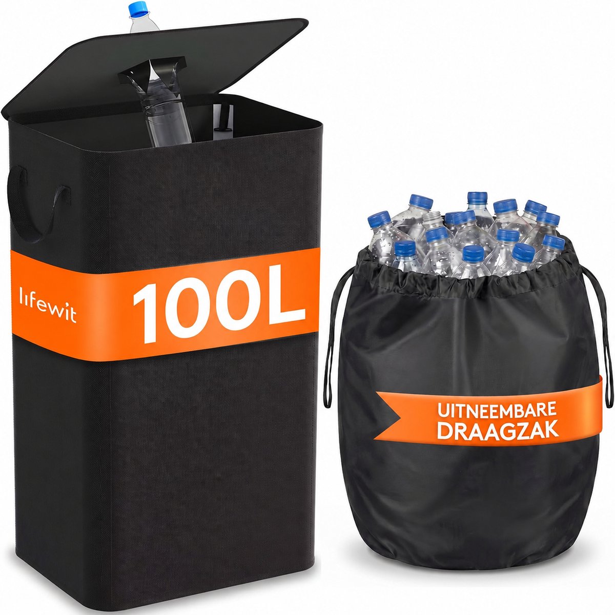 Flessenverzamelaar – Statiegeldfles Opvangbak 100L met Deksel – Opvouwbare Opbergbak met Uitneembare Binnenzak – Recyclingcontainer voor PET-flessen, Glas en Blikjes – 43 x 33 x 70 cm – Zwart