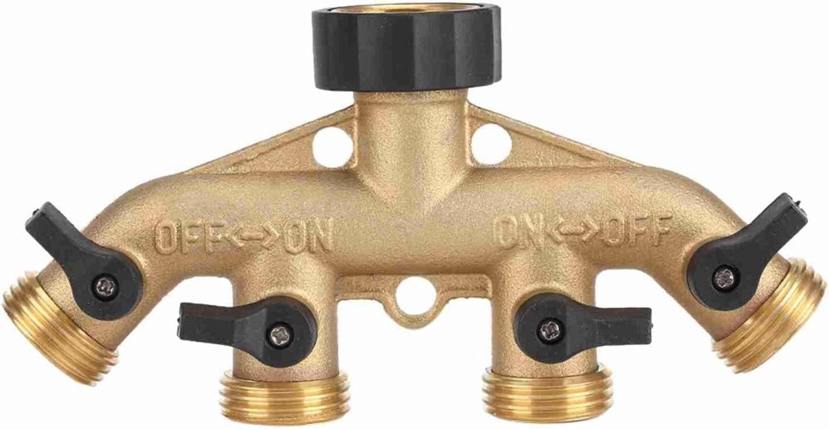 4-Weg Tuinslang Splitter, Waterverdeler van Messing, Europese Draad 3/4, Ideaal voor Tuinirrigatie en Besproeiing