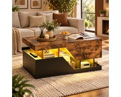 Rojellaa Design Salontafel - Rechthoekig Met LED-Verlichte Opbergruimte En Marmerfineer Blad - Bruin/Zwart