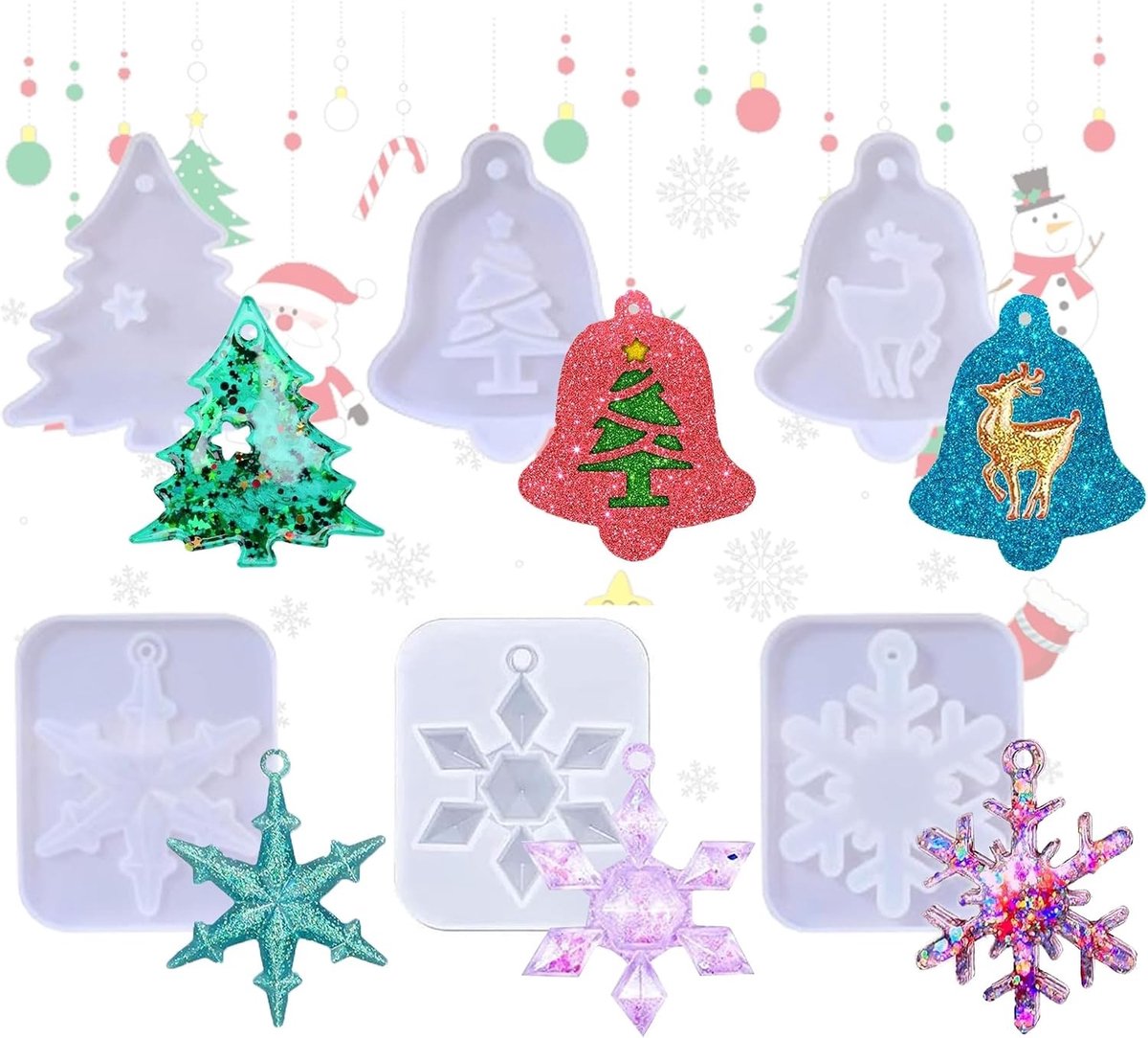 3D Kerst Resin Mallen Set van 6, Epoxy Mallen voor Kerstbel, DIY Silicone Vormen voor Kerstdecoraties en Sneeuwvlokken Ornaments voor Boomversiering