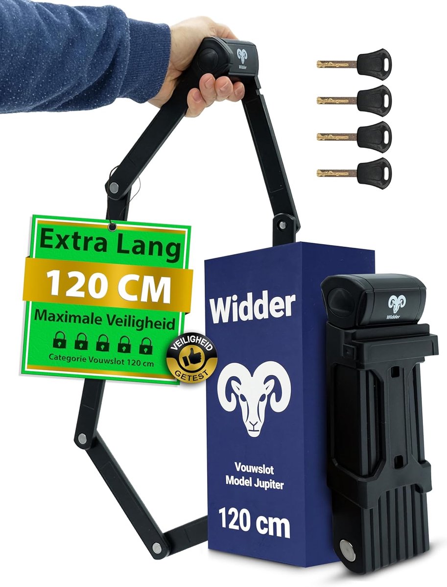 SnelShoppen - Zeer veilig Vouwslot Fiets 120 cm met 4 Sleutels | Ideaal als E-bike Slot, E-scooter Slot & Antidiefstal Fietsslot | Sterk & Flexibel Vo