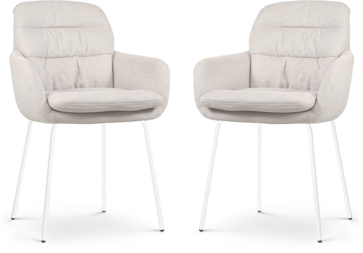 Nolon Nora-Mia Eetkamerstoelen Set van 2 Beige - met Armleuning - Stof - Wit Onderstel - Comfortabel - Scandinavisch Beige - Wit onderstel