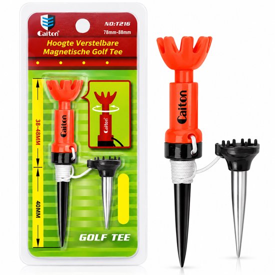 Oranje magnetische golf tee in verpakking, 38-48mm en 78-88mm, met zwarte basis en reservekop.