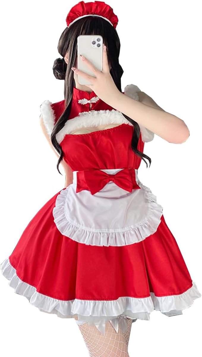 Maid Outfit kerstmeisje kostuum - pluche rand schort met hoofdband - sexy ontwerp - perfect voor kerstfeest - ShopVlot