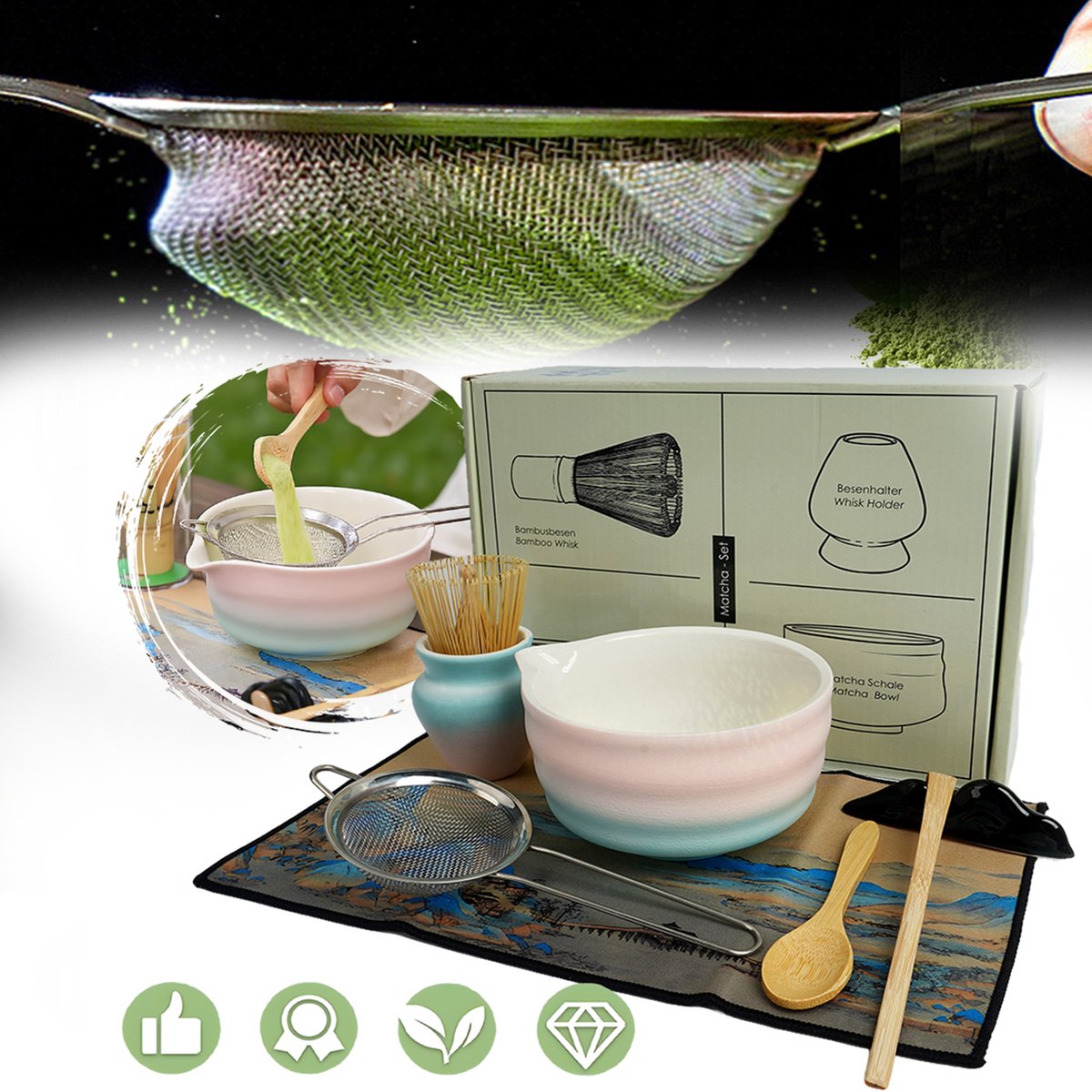 8-Delige Matchaset, Matcha-Set Met Roze Kleurverloop, Complete Set Voor Het Bereiden Van Matcha, Cadeau Voor Een Matcha-Liefhebber.