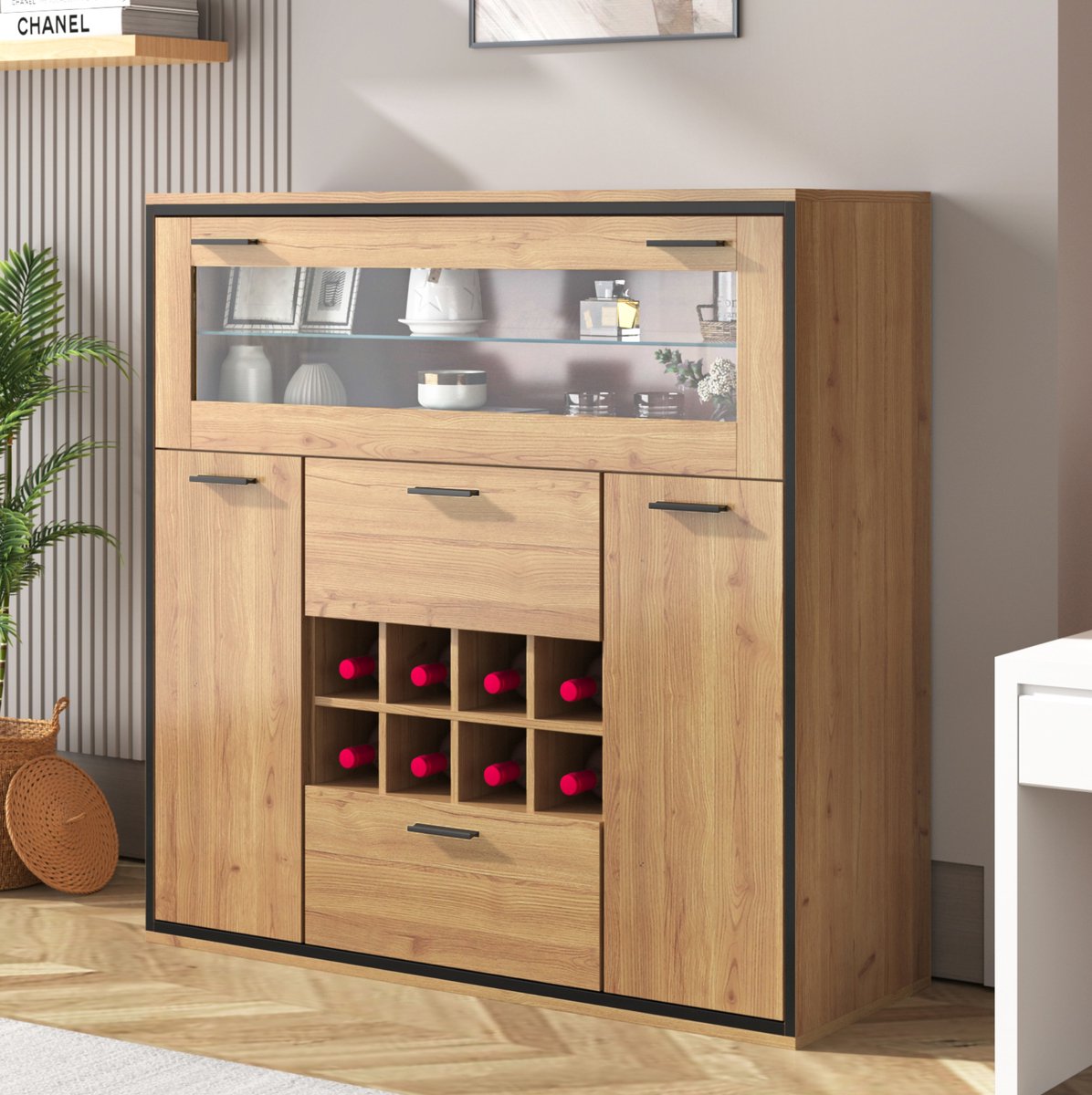WUVRIE Wijnkast 110x38x111 cm - Dubbele deuren, wijnrek en LED-verlichting - Naturel/zwart