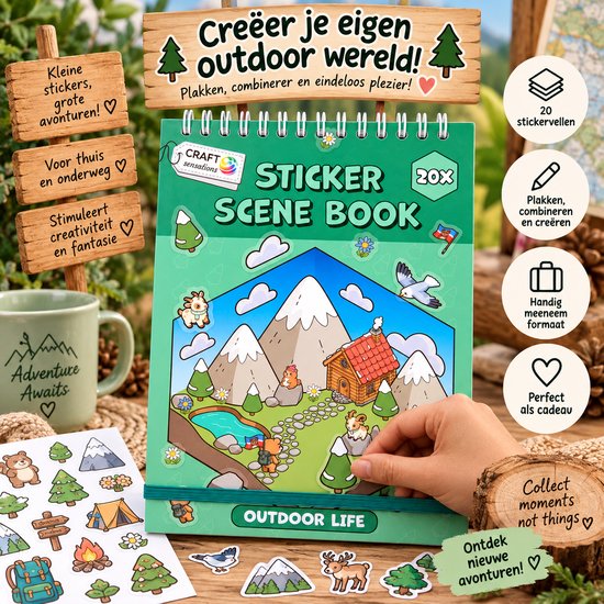Stickerboek met outdoor thema, met bergen, huisjes en dieren. Inclusief 20 stickervellen, "OUTDOOR LIFE" in het groen.