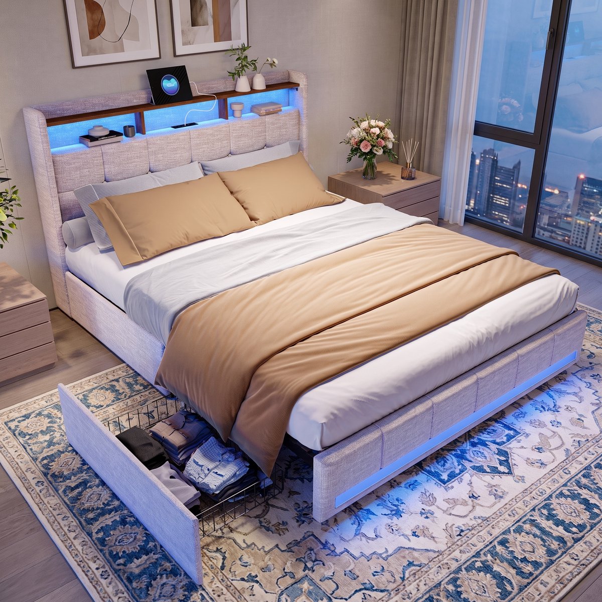 MEXUS Bed 140x190 cm, LED-hoofdbord met opbergvak en 2 USB-poorten, Tweepersoonsbed met 4 lades en lattenbodem, bedframe voor tieners, Linnen Beige