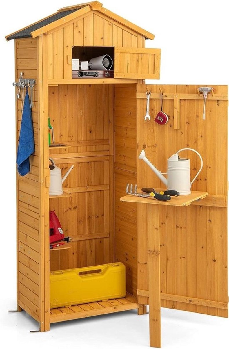 Houten - tuinkast - Gereedschapsschuur - voor buiten - Tuinspullen - organiseren - Inklapbare - werktafel - 75 x 50 x 180,5 cm - Naturel