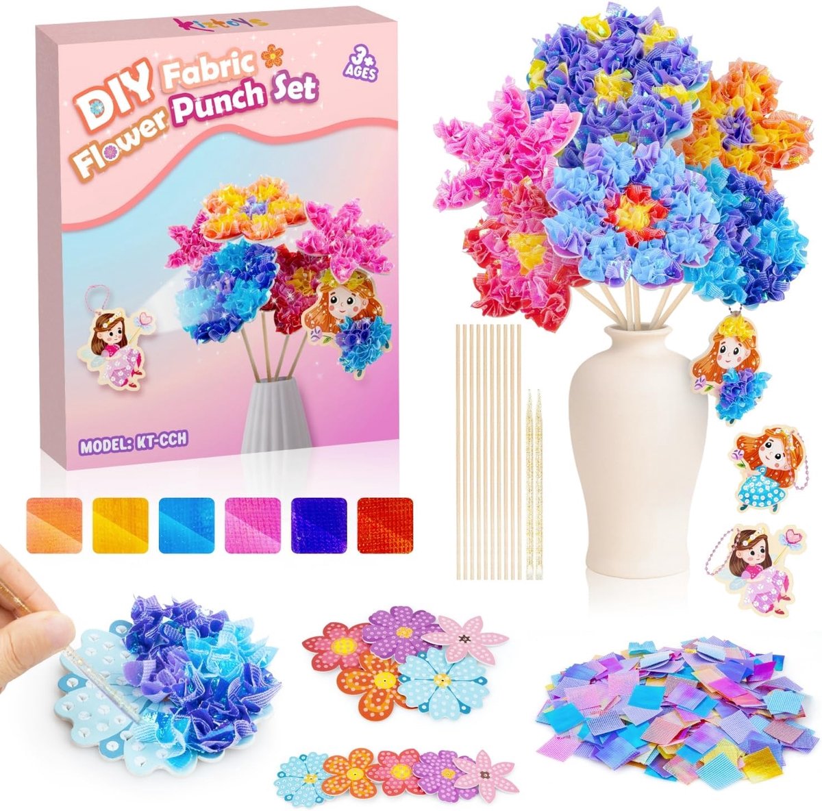 Knutselset meisjes bloemen - Creatieve bloemenknutselkoffer - Pailletten stofvierkantjes pakket - Boeket zelf samenstellen - Creatief verjaardagscadeau kinderen - Met houten stelen - Meerkleurig - Geschikt 3-12 jaar