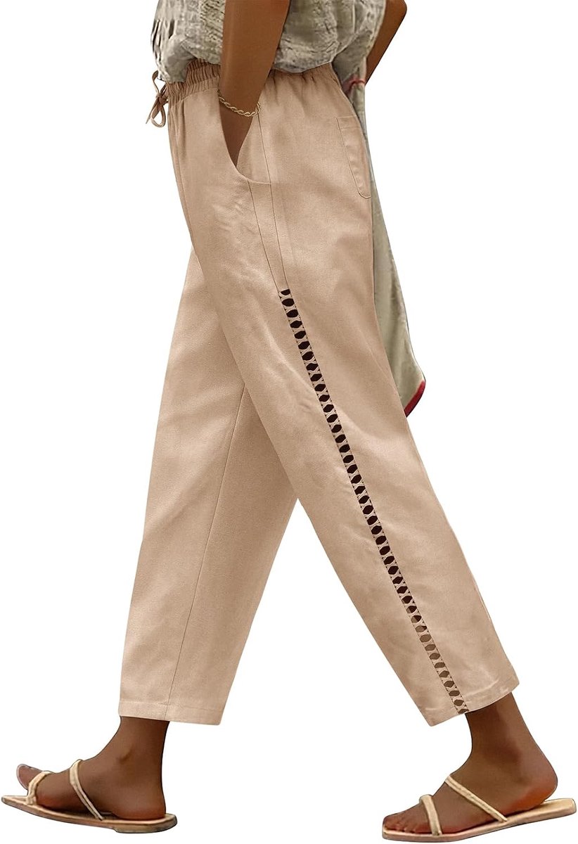 Linnen damesbroek met hoge taille zomer baggy 7/8 linnen katoenen broek gezellig gaas casual lichtgewicht broek met zakken