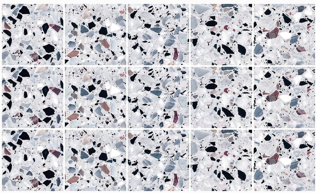 Decoratie Sticker Tegels - Graniet Effect Terrazzo Accessoires Wit Bruin Zwart - 15x15 cm - 15 stuks Zelfklevende Plakfolie Tegelstickers - Achterwand voor de Muur Badkamer - Keukenwand Keuken - Plaktegels Zelfklevend - Sticktiles