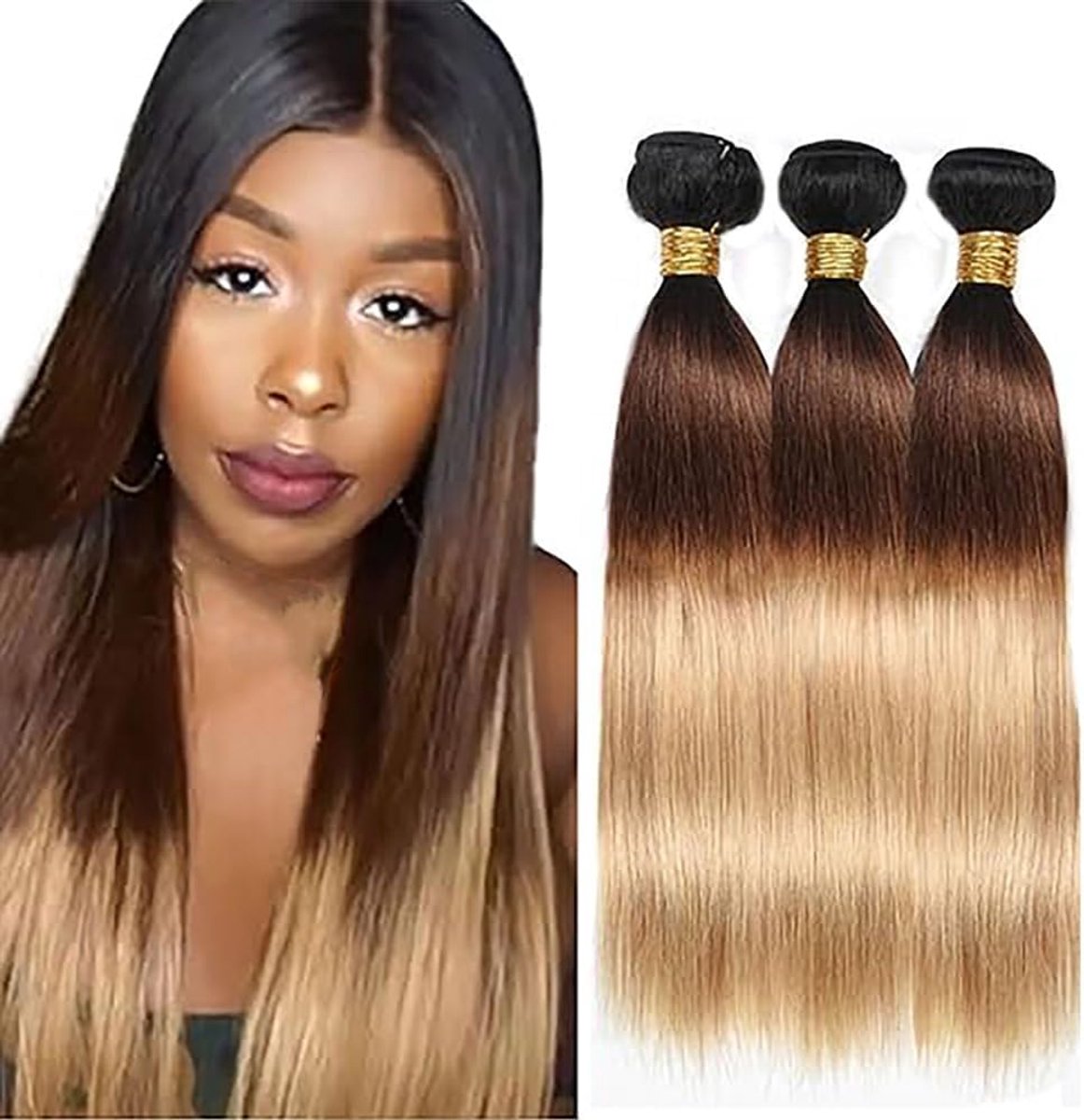 Human Hair Extensions Natural Hair Straight Brazilian Virgin Human Hair Ombre Blonde Double Weft Extensions for Women Minimal Tangles 3 Bundles Total 300g 20 22 24 Inch