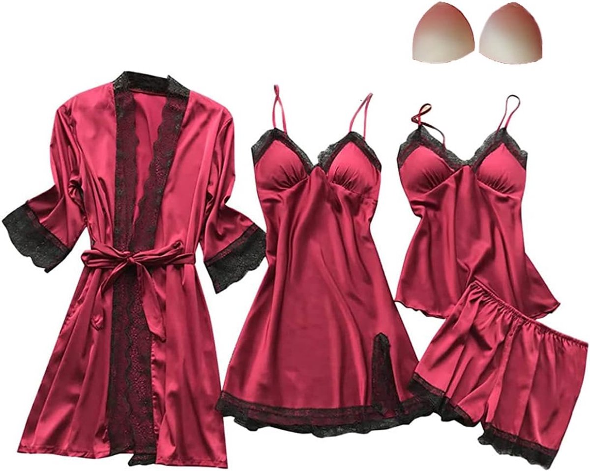 4-delige satijnen pyjama set kant kimono badjas pyjama set sexy negligé en shorts nachthemd 4-delige set, met borstkussen