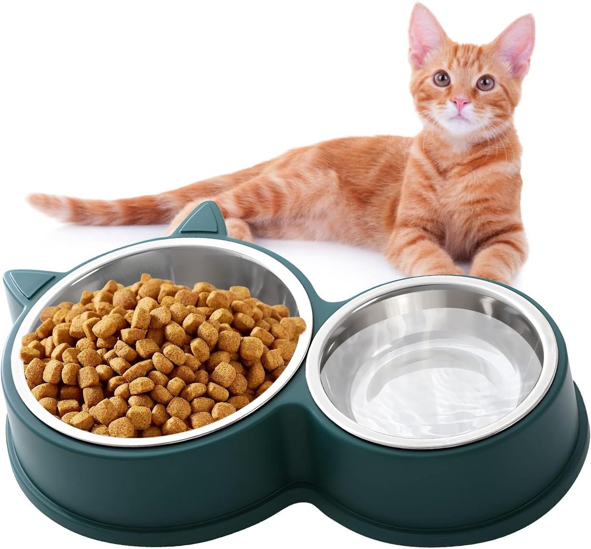 Kattenbakset van roestvrij staal, antislip kattenbakken, voedselbakken voor katten en puppy's, antislip voederstation, verkrijgbaar in groen, blauw, roze (groen)