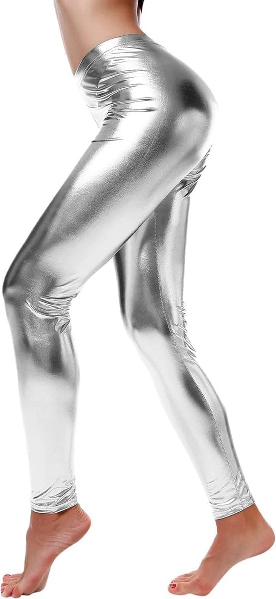 Leggings voor dames, glanzende broek met hoge taille, glanzende leggings in natte look voor feestjes, dansen, discokostuum, carnaval, metallic, glitter, hoge taille, glanzende