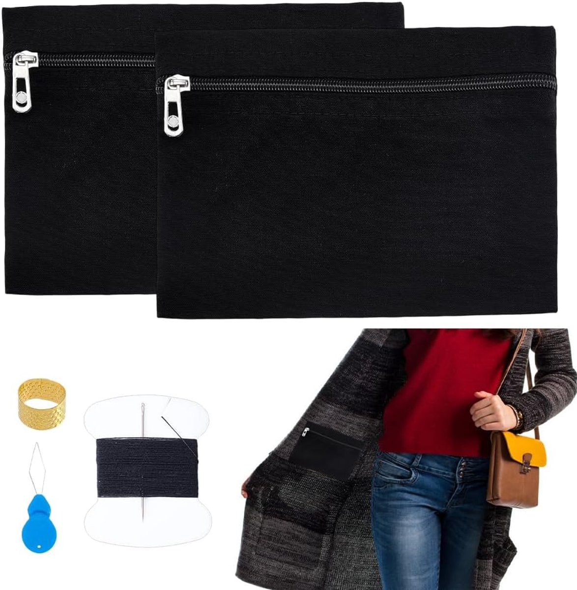 2 sets ingenaaide zijzak met ritssluiting, binnenzak met rits en naaigaren, reisveiligheidszak, verborgen portemonnee voor jas, hoodie, sweatshirt, 16 x 22 x 0,4 cm, zwart