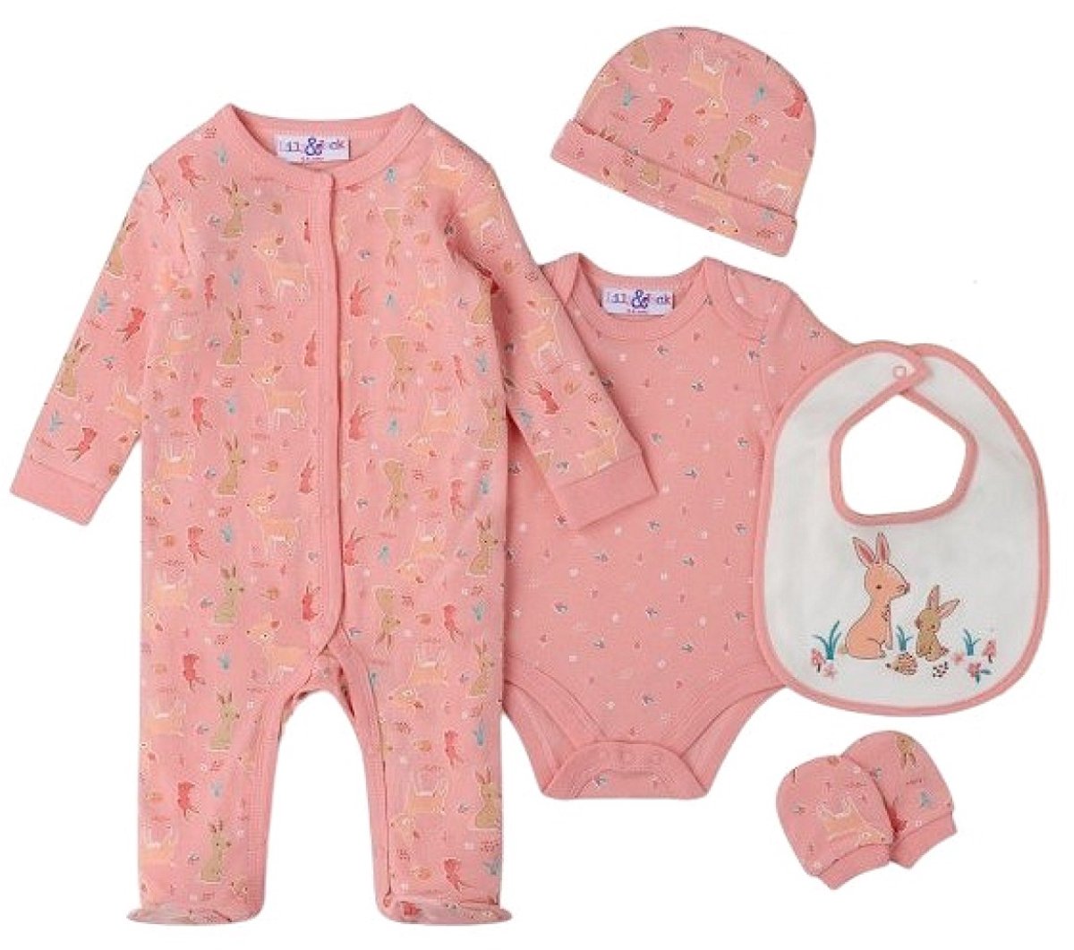 Lily & Jack - Baby Geschenkset - Bosvrienden - 5-delig - Konijntjes - Oud-Roze - Newborn - 56