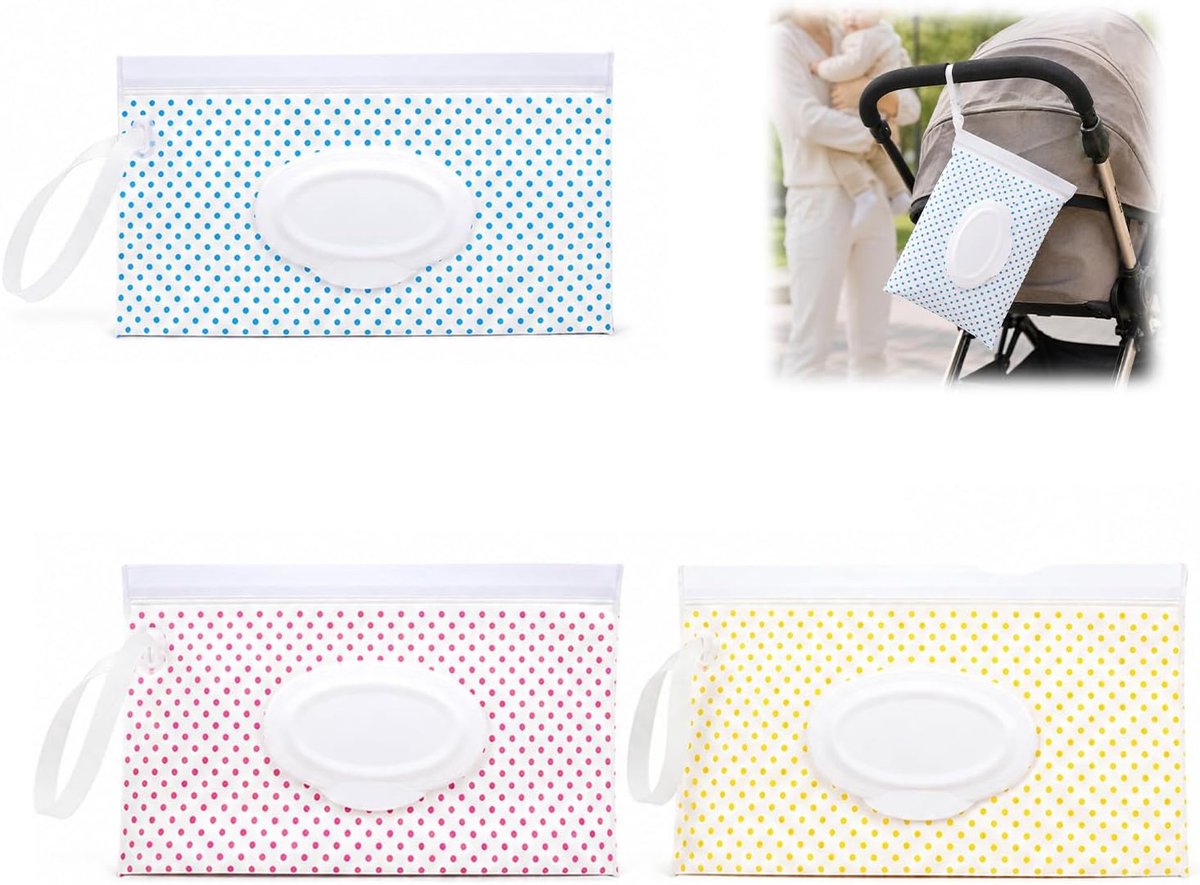 3 dozen voor vochtige doekjes, EVA, blauw, roze, geel, afsluitbaar deksel, lekvrij, voor baby's, reizen, luiertas - ShopVlot