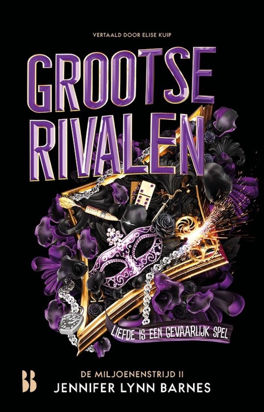 Boekomslag met paarse bloemen, een masker, dominostenen, kettingen en een gouden lijst. Titel: Grootse Rivalen.