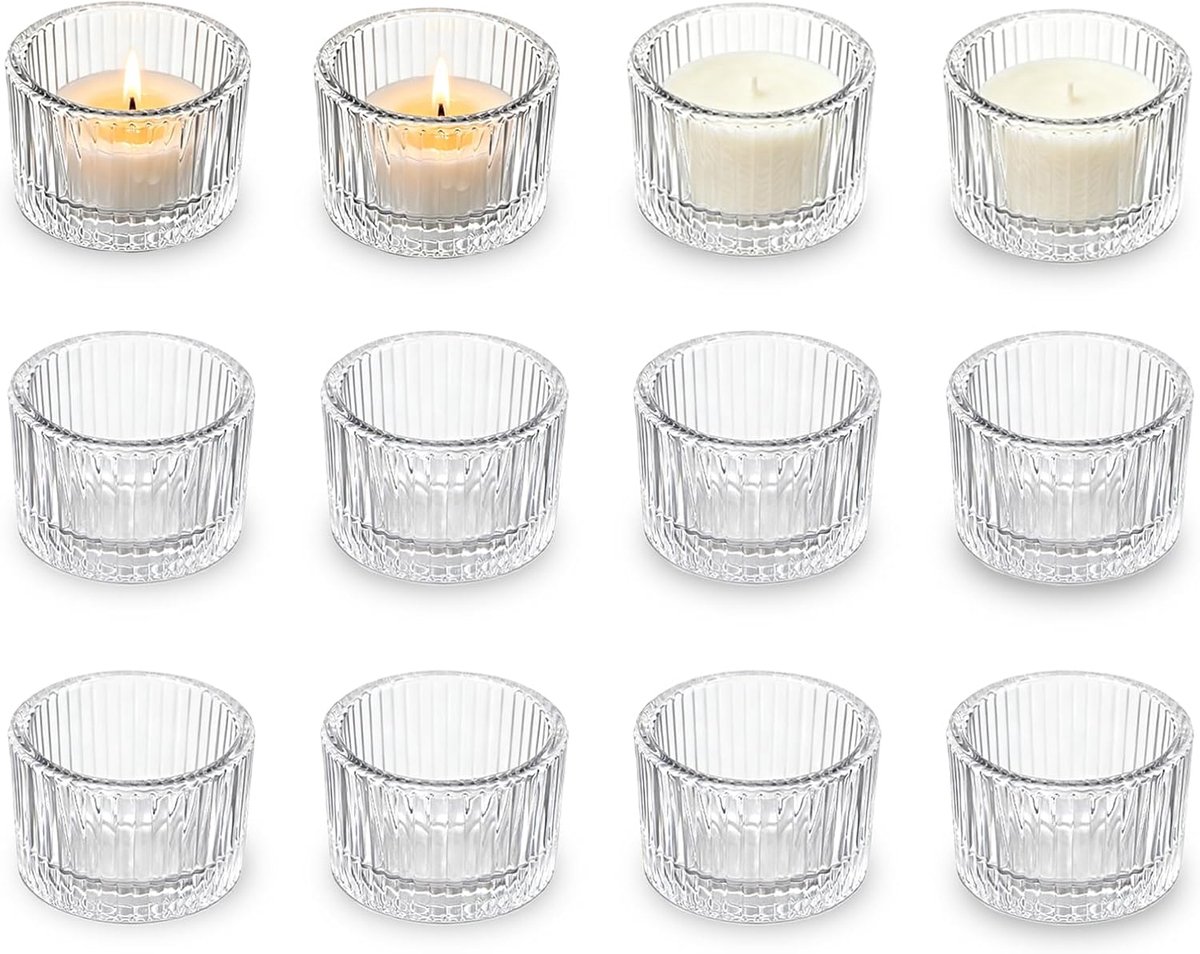 Tea Light Glasses Set of 12 Clear Glass Tea Light Holders Vintage Ribbed Table Decoration Candle Glasses for Wedding - ShopVlot