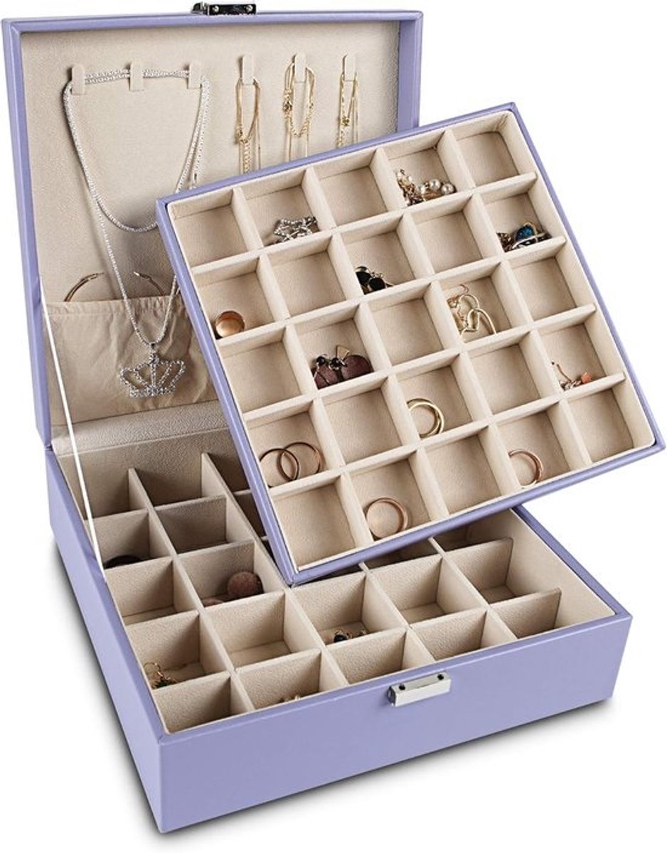 Oorbel organizer sieradendoos met 50 slots en 6 kettinghaken - Dubbellaagse opbergkoffer (Paars)
