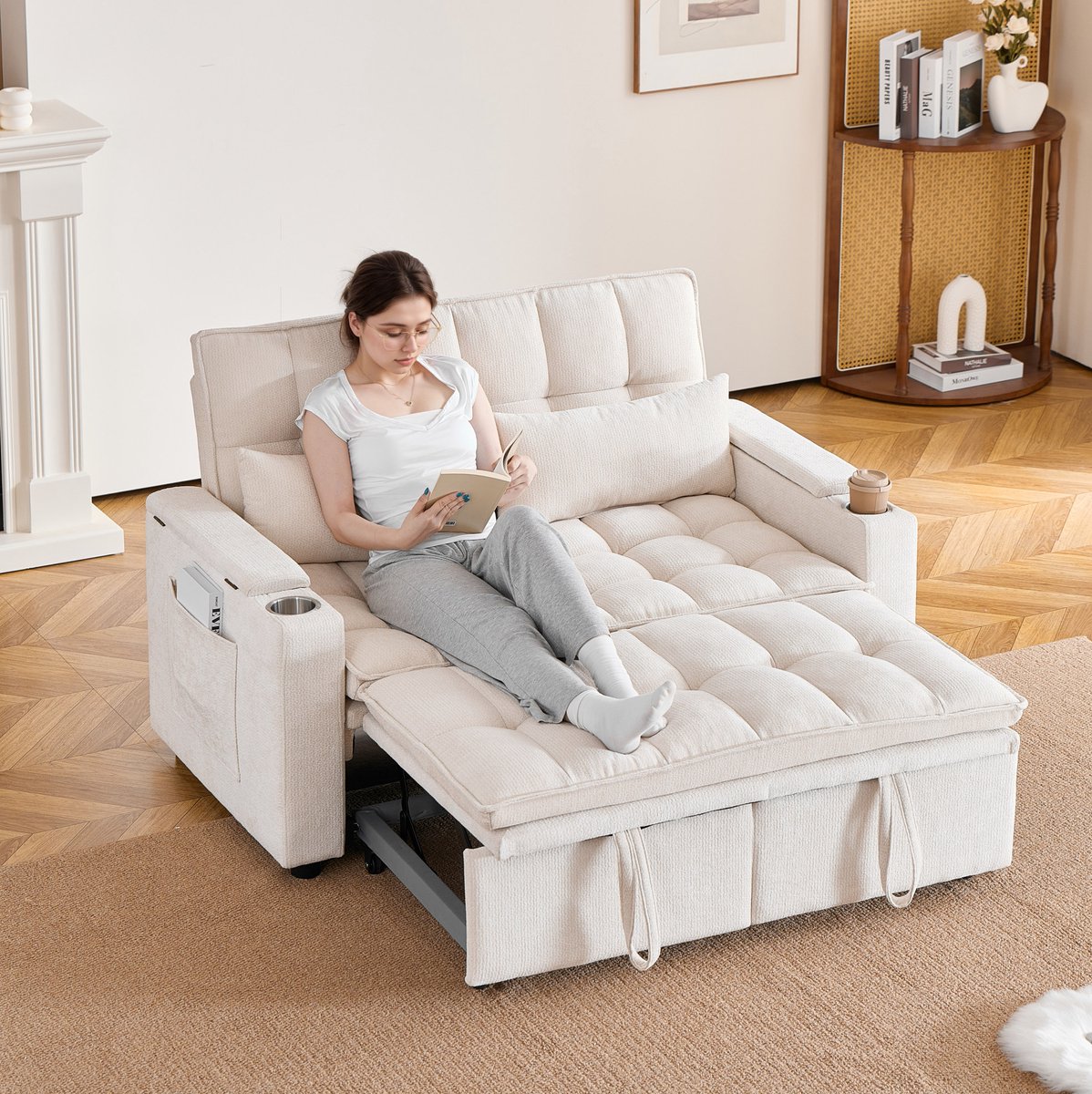 MIVRAY Slaapbank 3-in-1 142 cm - Met Slaapfunctie, Opbergruimte, Bekerhouders En Lendenkussens - Voor Woonkamer En Gastenkamer - Chenille Beige