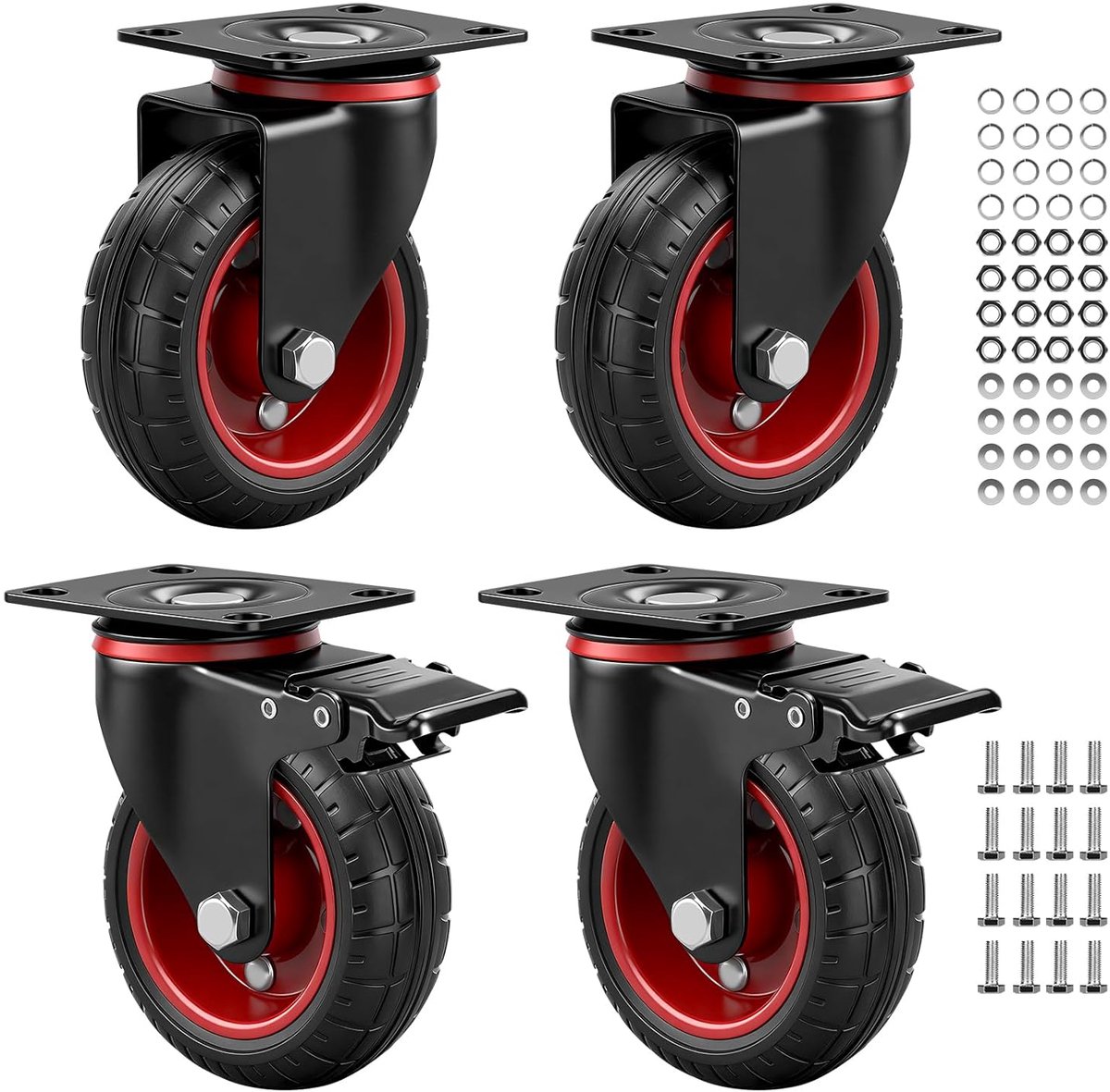 Set of 4 Heavy Duty Casters, 100 mm Casters with Brake, 360° Rotatable, Solid Rubber Wheels Made of Non-Slip - ShopVlot