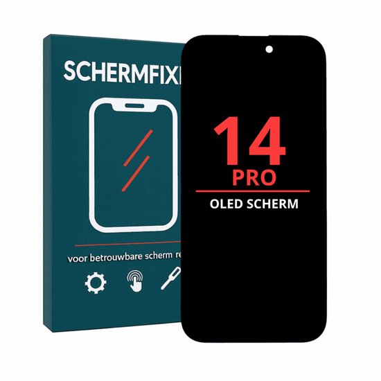 iPhone 14 Pro OLED scherm verpakking met "14 PRO OLED SCHERM" tekst.