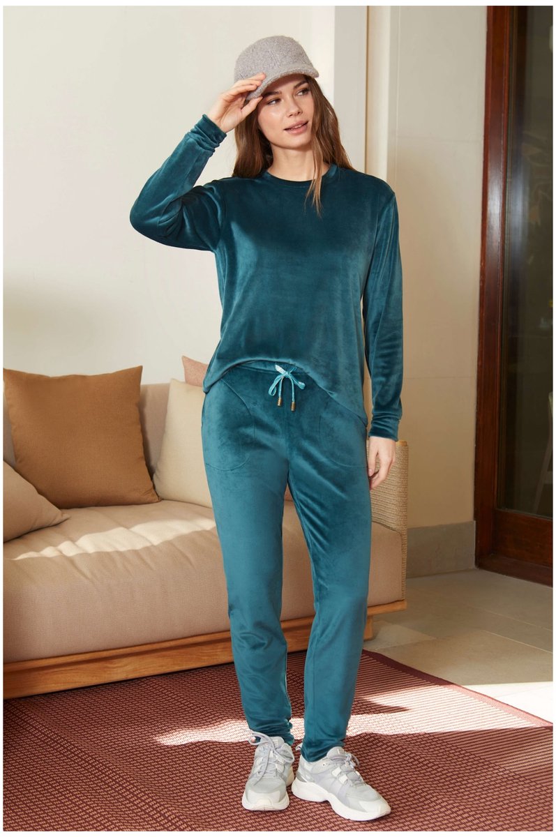 Barandi Bibiana Dames Homewear Set – Velourslook – Trui en Lange Broek – Donkergroen - S