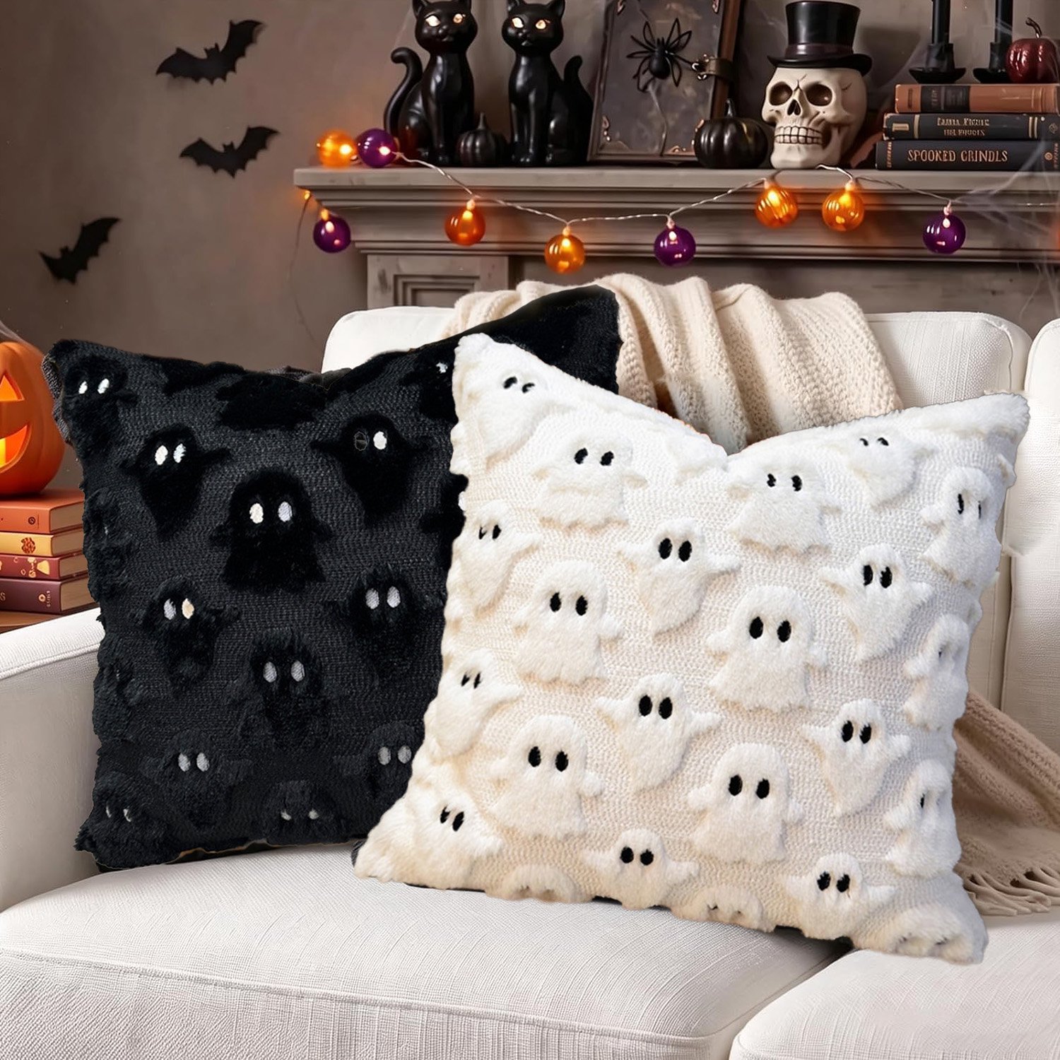 Halloween kussenhoezen 18x18 inch set van 2 - Schattige spookkussenhoezen - Zachte pluche kunststof kussenhoes - Voor stoel, bank, slaapkamer, woonkamer, huisdecoratie - Wit+Zwart