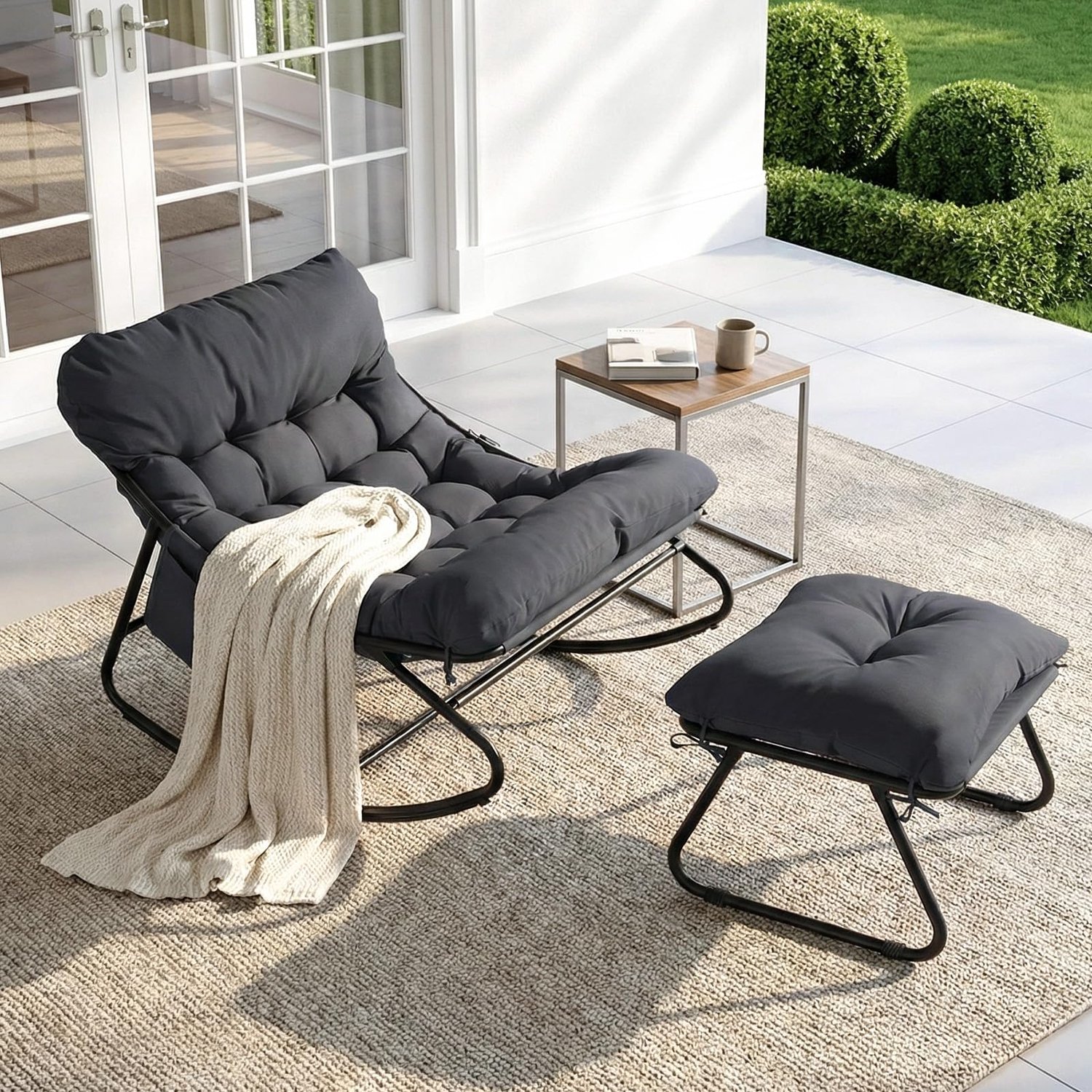 LIFERUN Schommelstoel Met Kruk - lounge stoel - tot 150 kg - voor tuin balkon woonkamer binnenplaats slaapkamer terras - Grijs