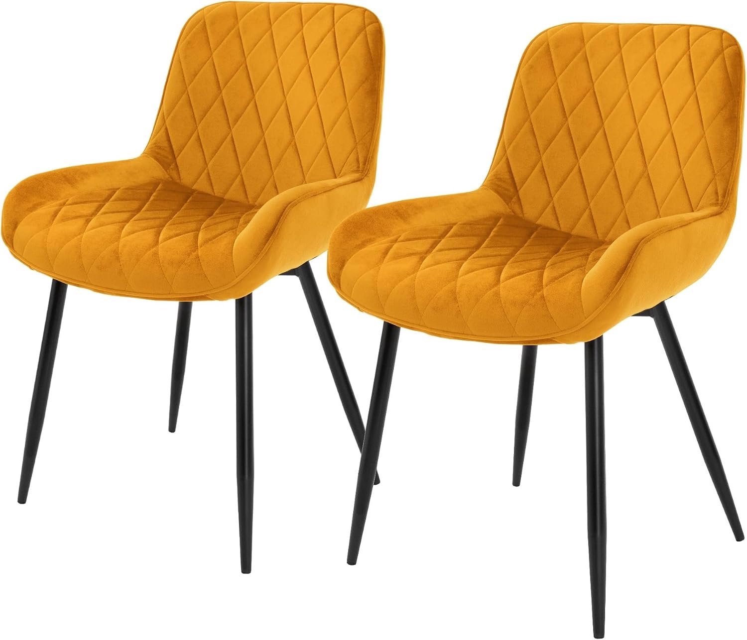 Set van 2 Eetkamerstoelen Siena Velvet Okergeel met Armleuningen en Ruitstiksel – Gestoffeerde Keukenstoelen met Rugleuning, Metalen Poten en Fluwelen Bekleding, Zithoogte 49 cm, 54 x 54 x 81 cm