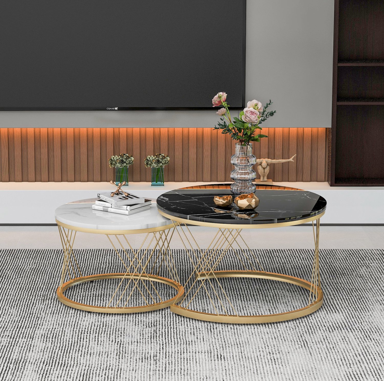 Maisentiel Nesting salontafel set van 2 - Ø70/45 cm - marmerlook MDF - goudkleurig frame Zwart