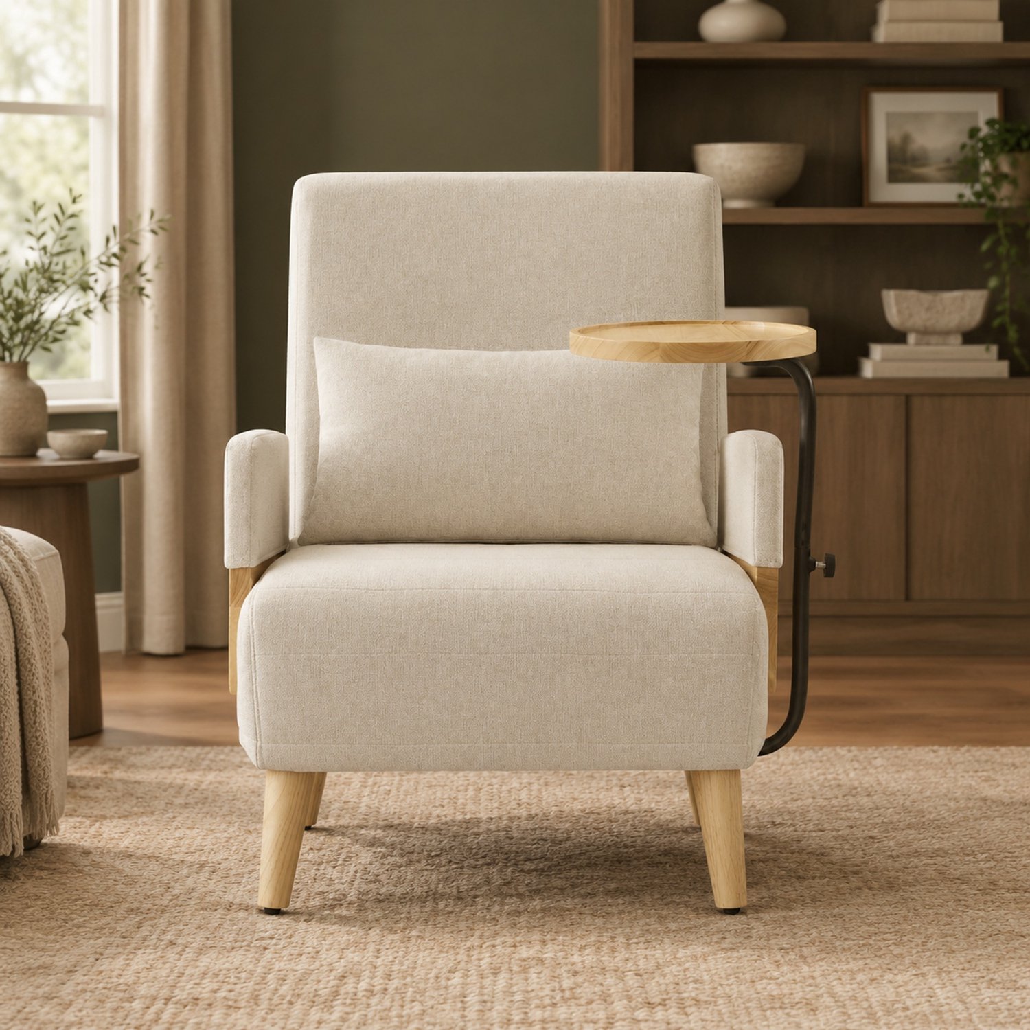 WUVRIE 3-in-1 fauteuil met slaapfunctie - 6 standen verstelbare rugleuning en houten tablet - Beige