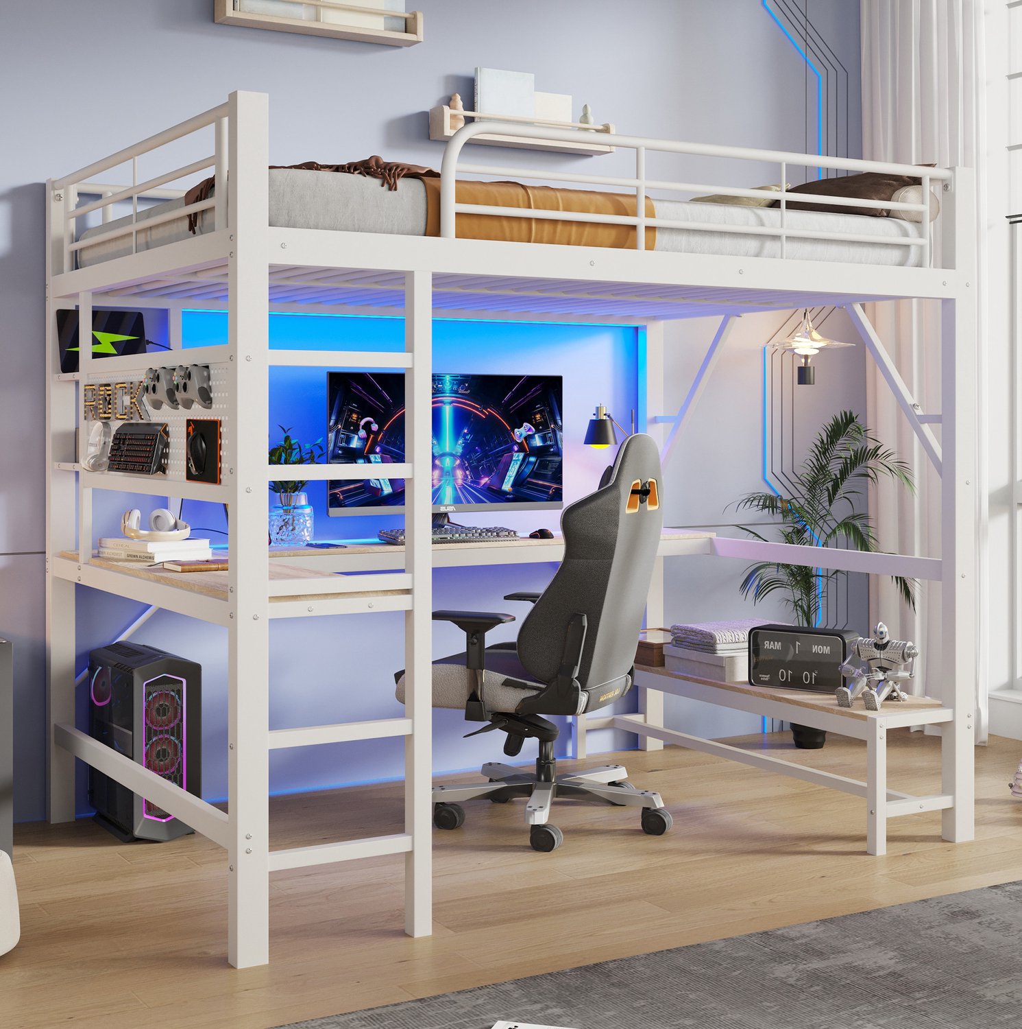 DESMIU Hoogslaper 160x200 cm – Bureau Met Ledverlichting En USB Type-C – Planken En Gatenpaneel – Metaal Met MDF – Wit Zonder Matras