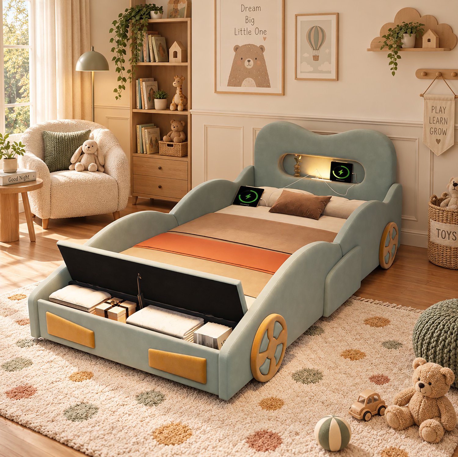 MODENUIT Kinderbed – Autovorm Met Leeslamp – 90 x 200 cm – Flanellen Bekleding – Groen – Bedkast En Laadaansluiting