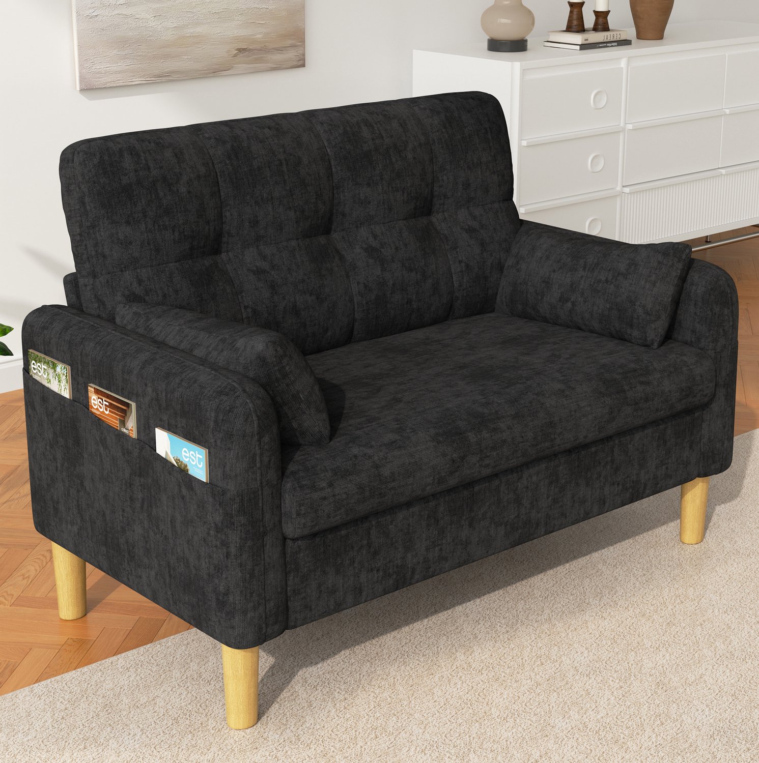 Wishdor 2-zitsbank - Hoge rugleuning en opbergtas - Twee afneembare kussens en hoge poten - Modern design - Woonkamer slaapkamer kantoor appartement - Chenille - Grijs - 119 x 78 x 85 cm