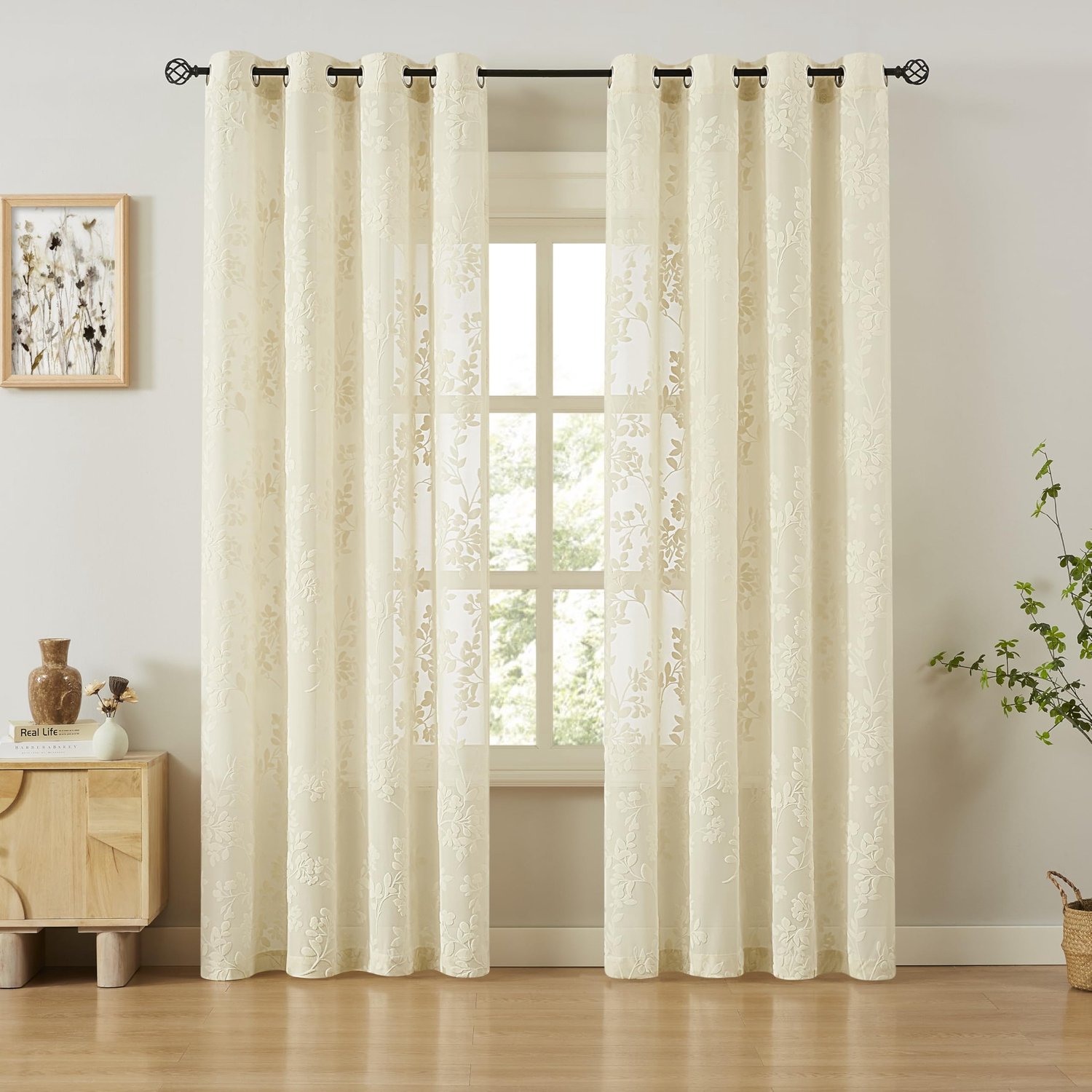 Transparante Gordijnen - Met Bladpatroon - Voor de Eetkamer - Beige