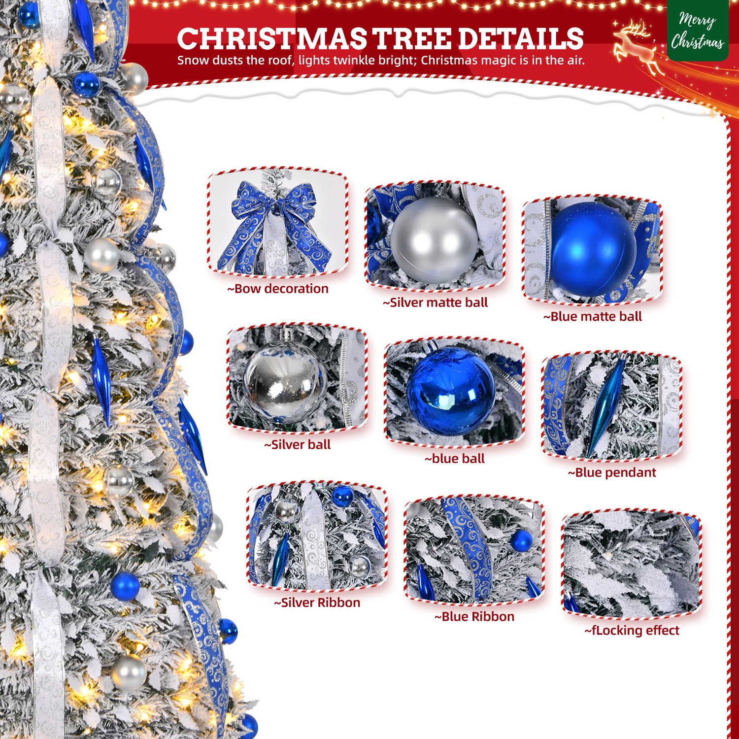 Pop-up Kerstboom 150 cm met 100 LED - 8 Lichtmodi - Blauw met Sneeuw - Inclusief Kerstballen & Linten - Opvouwbaar - NAIZY – foto 5