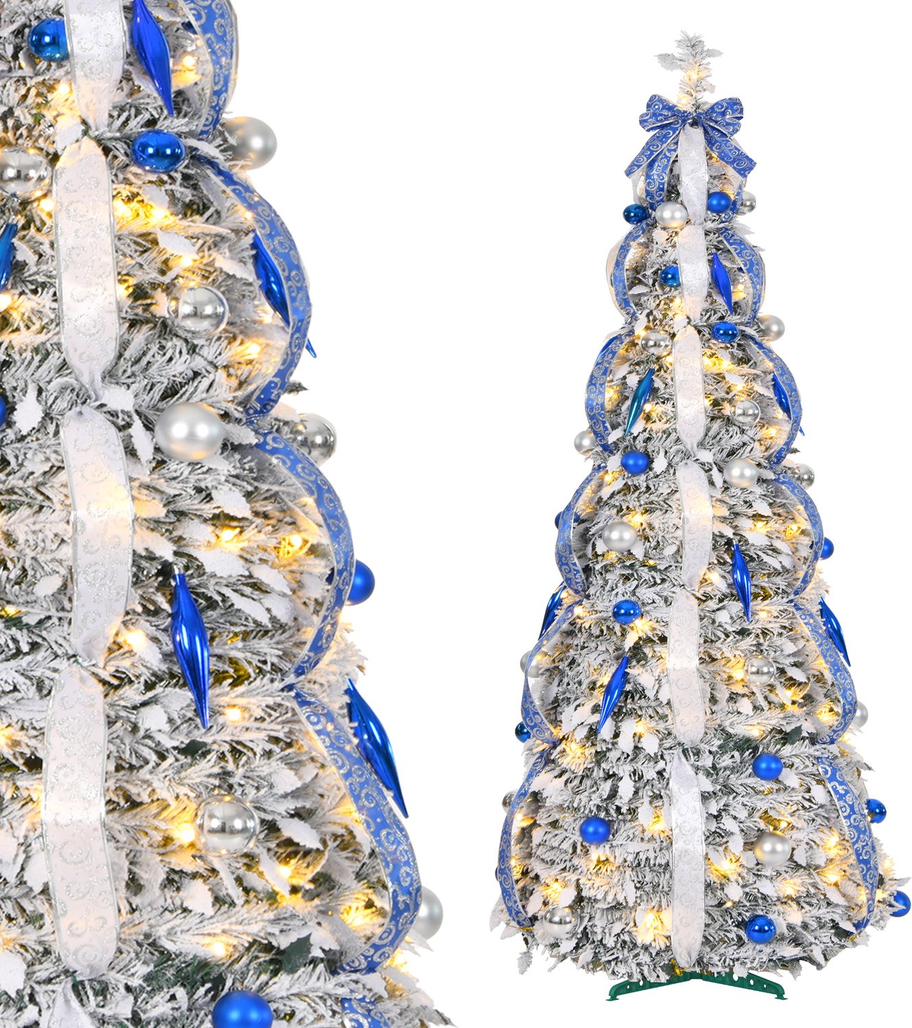 Pop-up Kerstboom 150 cm met 100 LED - 8 Lichtmodi - Blauw met Sneeuw - Inclusief Kerstballen & Linten - Opvouwbaar - NAIZY