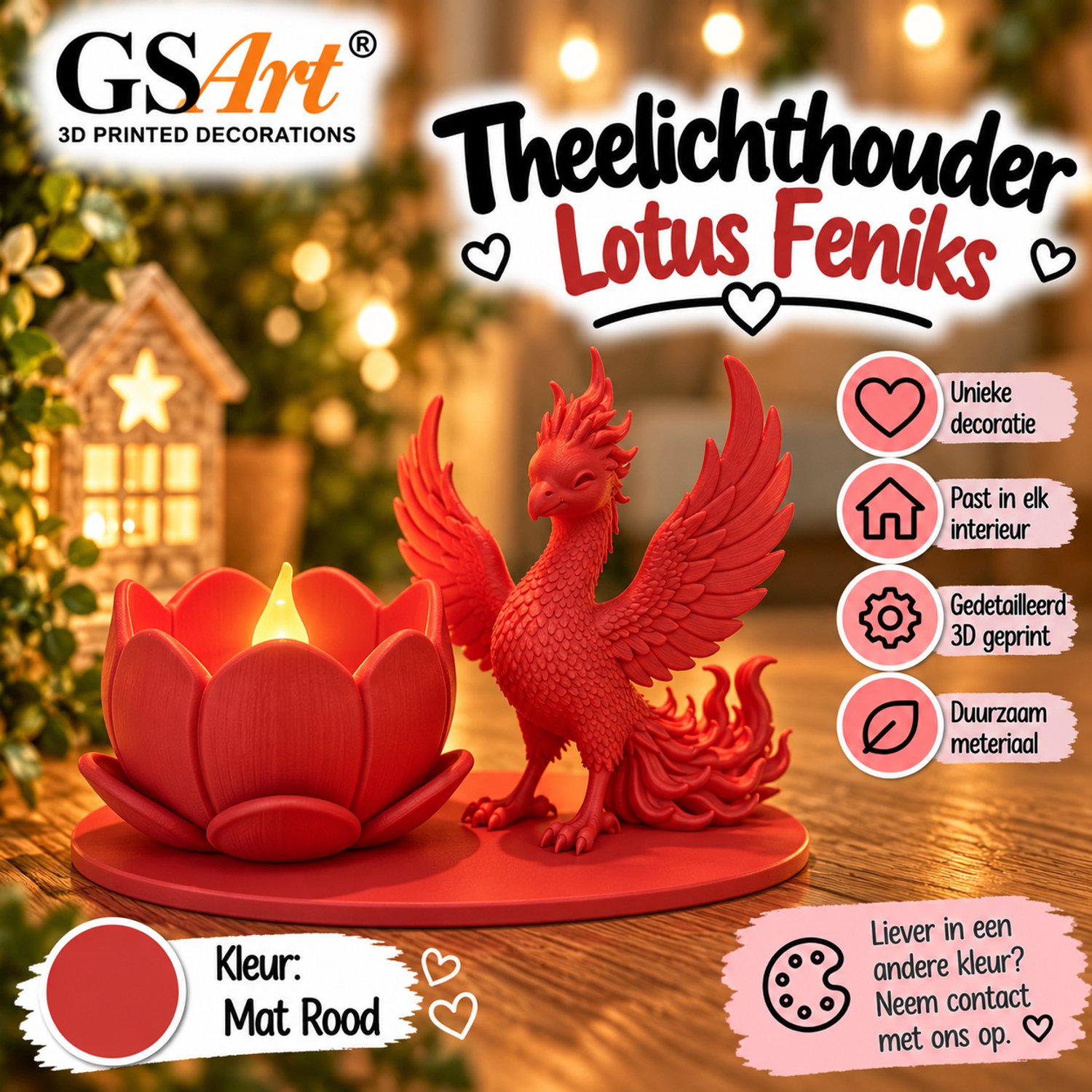 GSArt Theelichthouder Lotus Feniks – Inclusief LED Theelichtje – 3D Geprint - Mat Rood