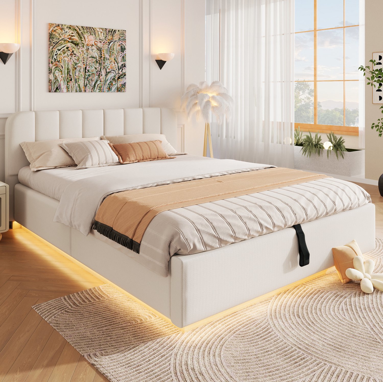 COVREO Bed met opbergruimte – 140 x 200 cm – Dubbel slaapframe met lattenbodem – LED-verlichting met hoofdbord – Beige - zonder matras
